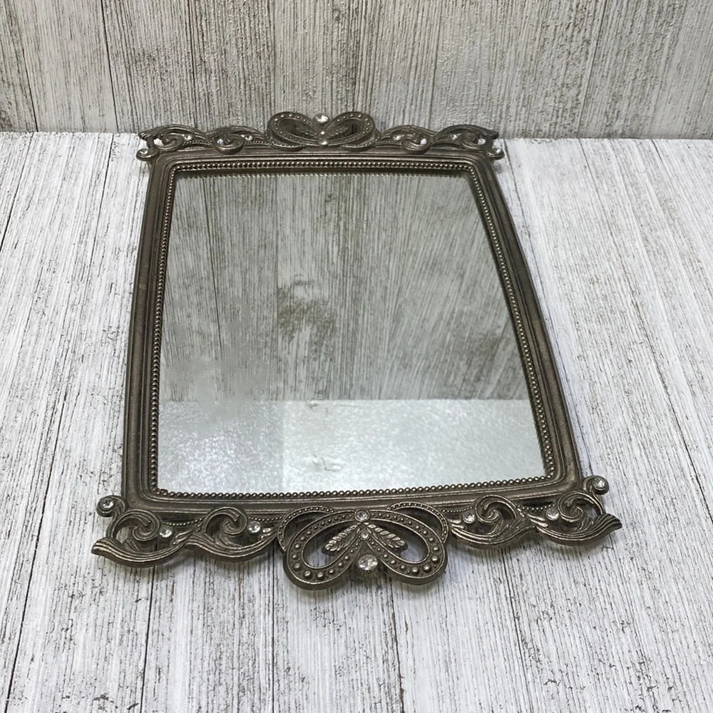 Vanity Silver Toned Rhinestone Crystal Vtg. Mirror Felt Antique - Picture 5 of 9